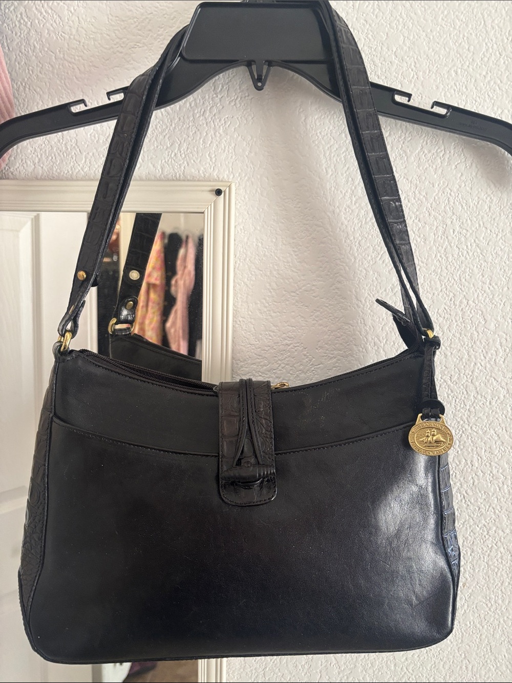 Brahmin Black Leather Shoulder Bag with Gold Medallion